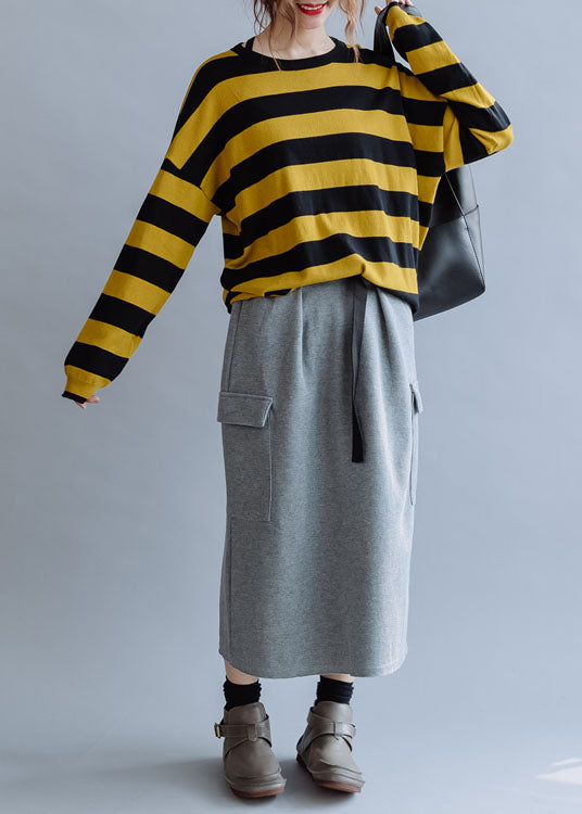 Modern Grey Elastic Waist Pockets Cotton Skirt Fall