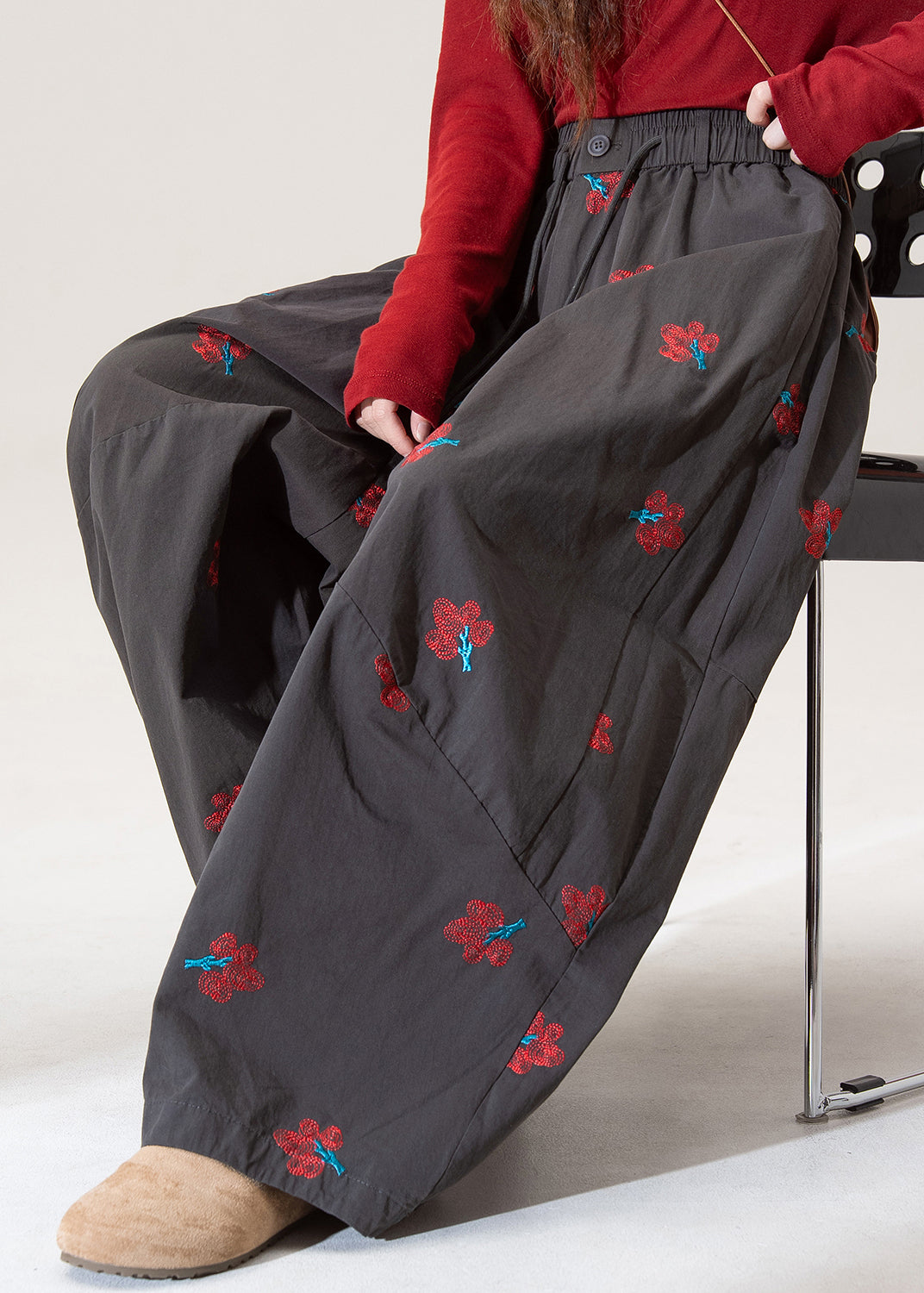 Modern Grey Embroidered Pockets Cotton Wide Leg Pants Spring