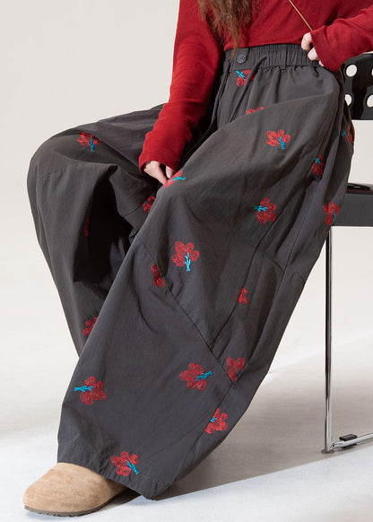 Modern Grey Embroidered Pockets Cotton Wide Leg Pants Spring