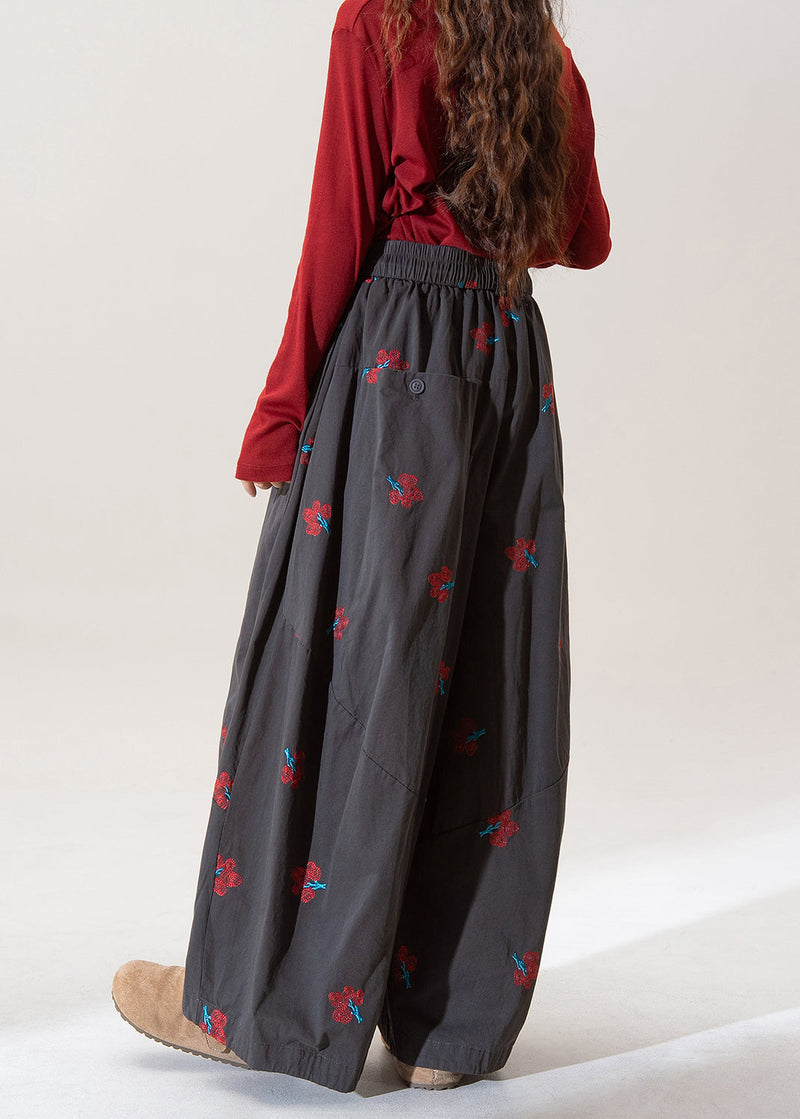 Modern Grey Embroidered Pockets Cotton Wide Leg Pants Spring