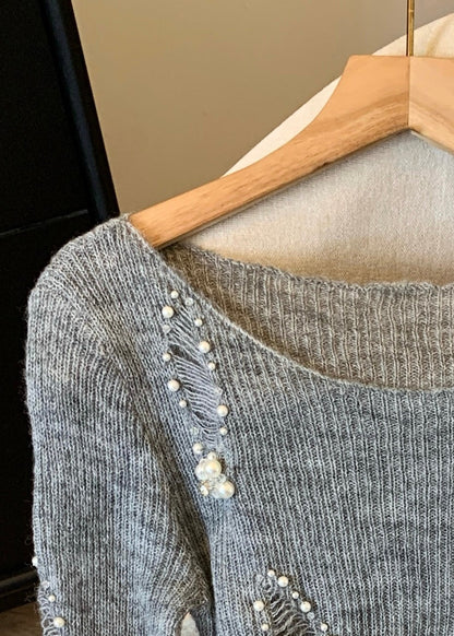 Modern Grey Nail Bead Hollow Out Knit Tops Spring