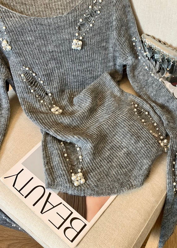 Modern Grey Nail Bead Hollow Out Knit Tops Spring