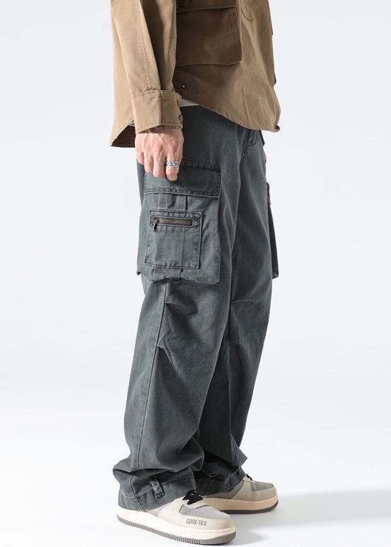Modern Grey Pockets High Waist Cotton Pants Spring