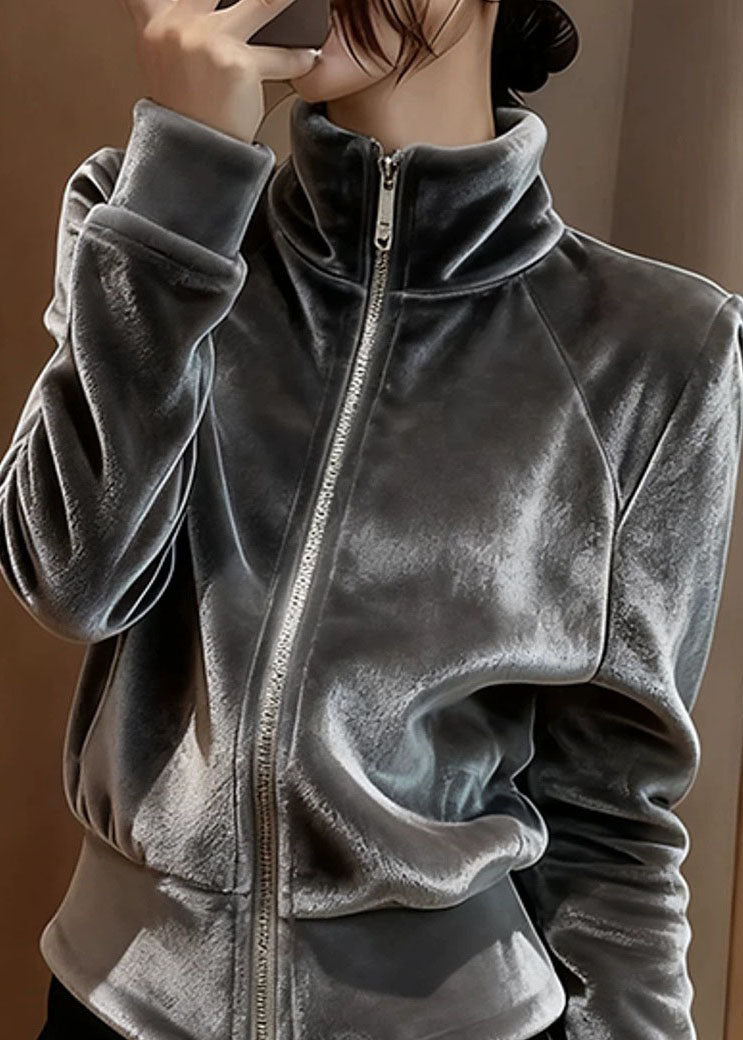 Modern Grey Stand Collar Zippered Silk Velvet Coat Spring