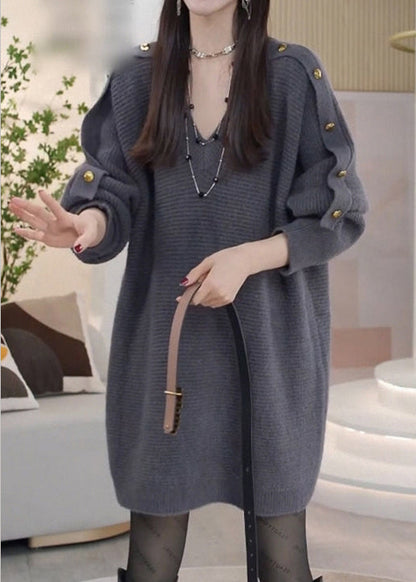 Modern Grey V Neck Metal Buttons Knit Sweater Dress Spring