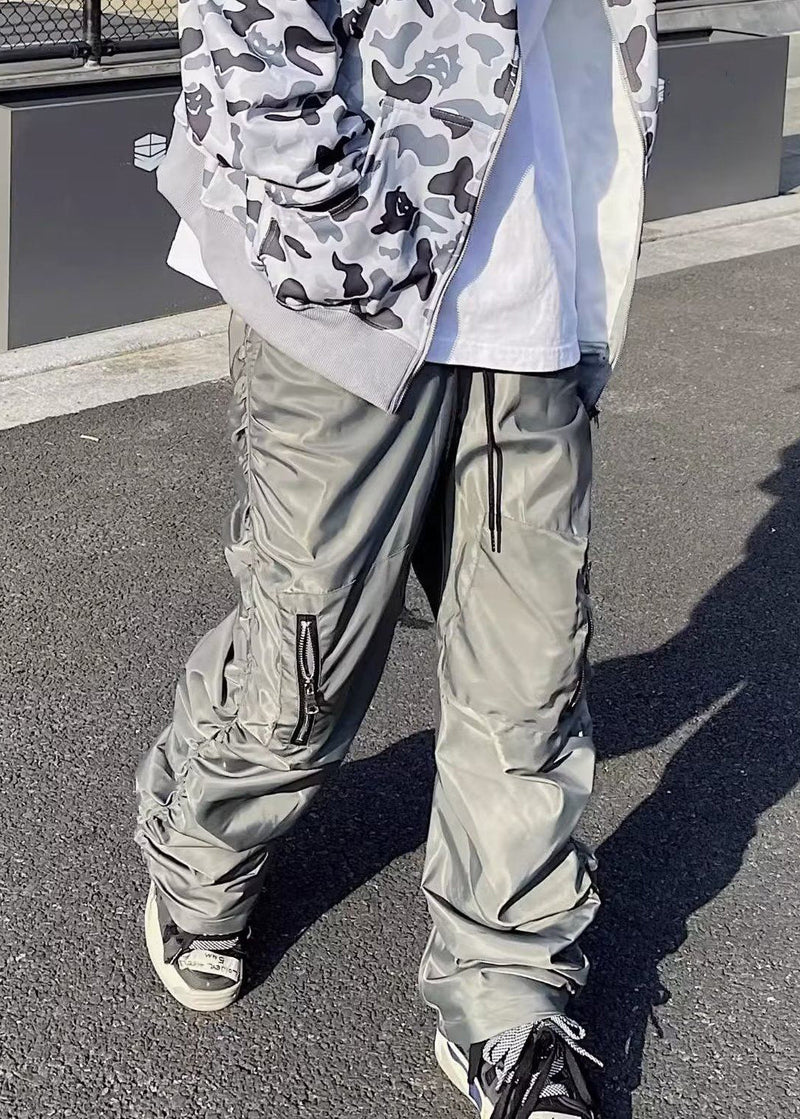 Modern Grey Zip Up Wrinkled Elastic Waist Cotton Pants Spring