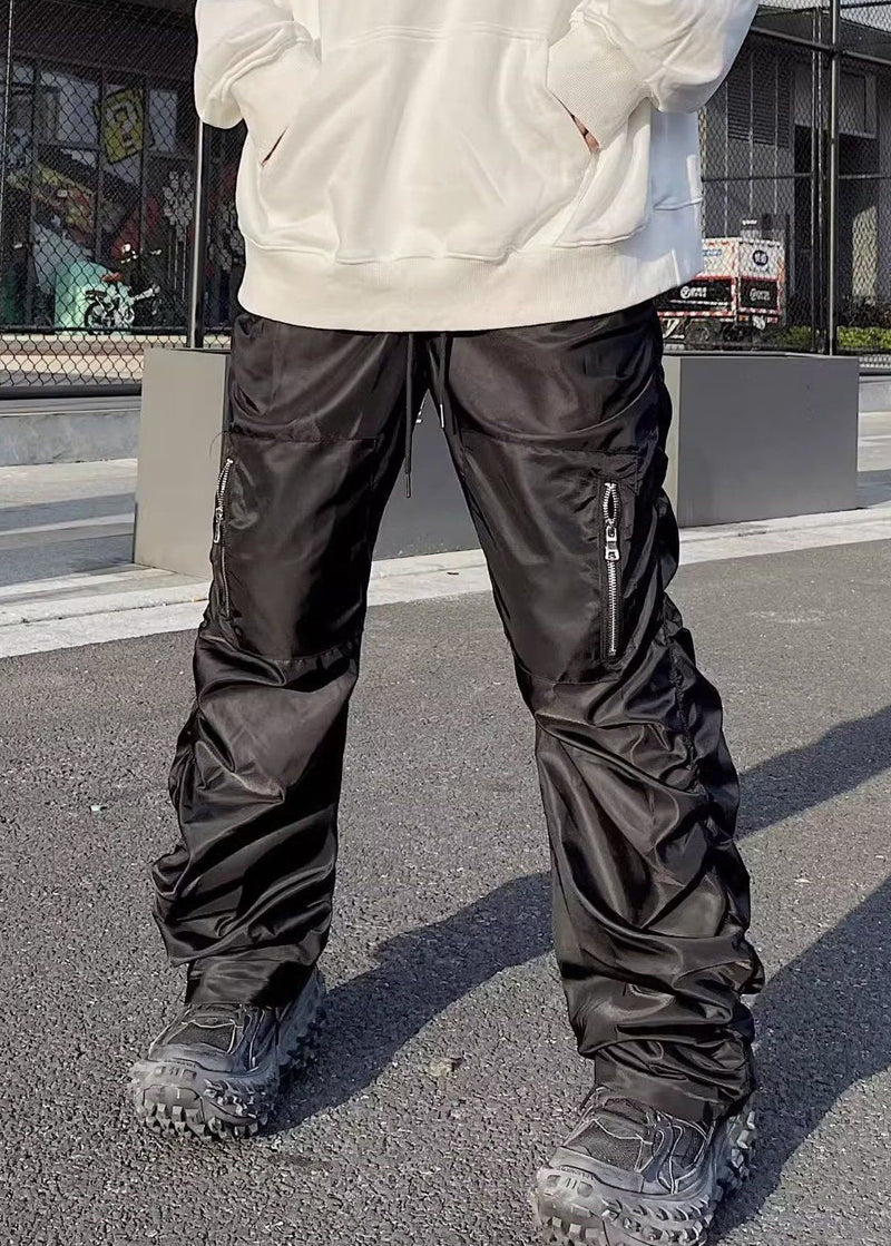 Modern Grey Zip Up Wrinkled Elastic Waist Cotton Pants Spring