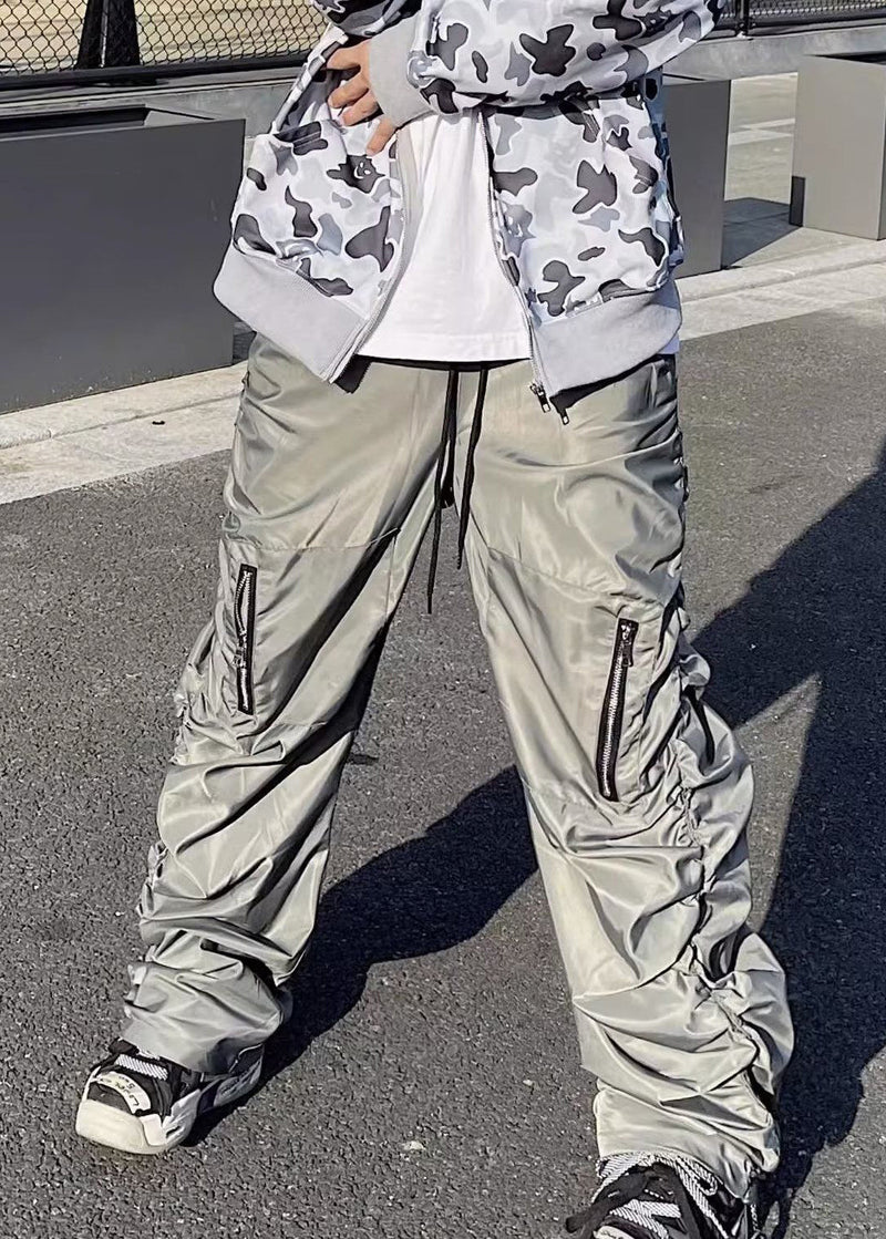 Modern Grey Zip Up Wrinkled Elastic Waist Cotton Pants Spring