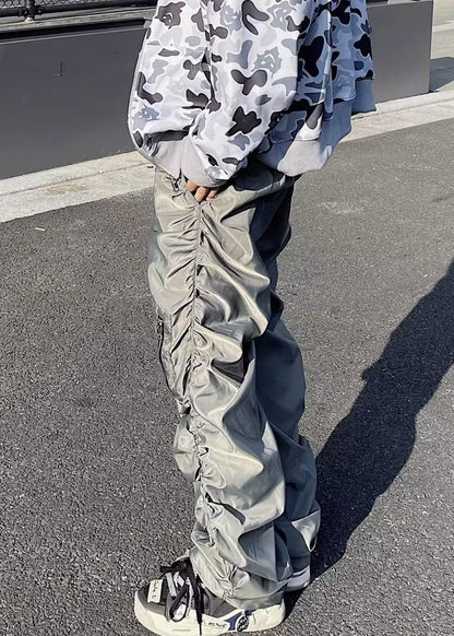 Modern Grey Zip Up Wrinkled Elastic Waist Cotton Pants Spring