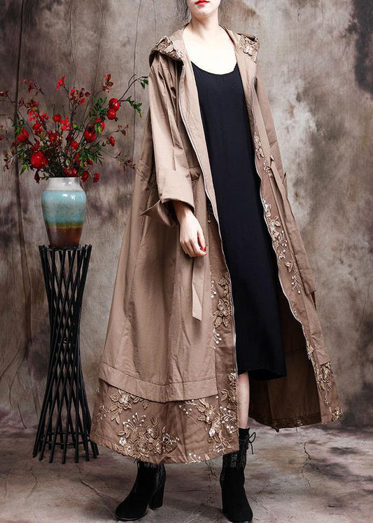 Modern Hooded Coat for Woman Khaki Embroidery Trench Coat