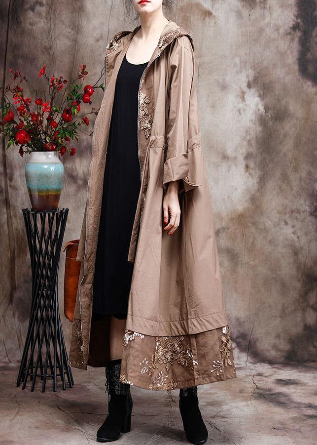Modern Hooded Coat for Woman Khaki Embroidery Trench Coat