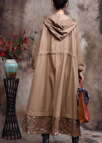 Modern Hooded Coat for Woman Khaki Embroidery Trench Coat