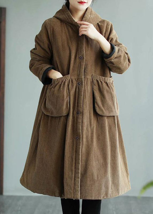 Modern Hooded Pockets Maxi Coat Khaki Daily Outwear
