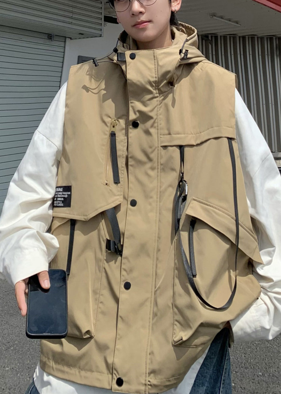 Modern Khaki Hooded Asymmetrical Design Spandex Vest Spring