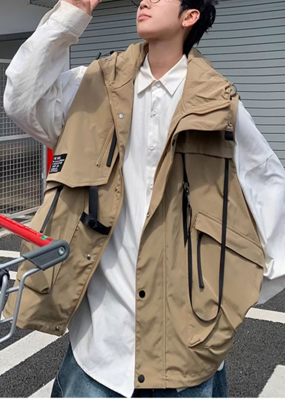 Modern Khaki Hooded Asymmetrical Design Spandex Vest Spring
