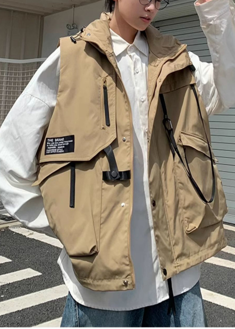 Modern Khaki Hooded Asymmetrical Design Spandex Vest Spring