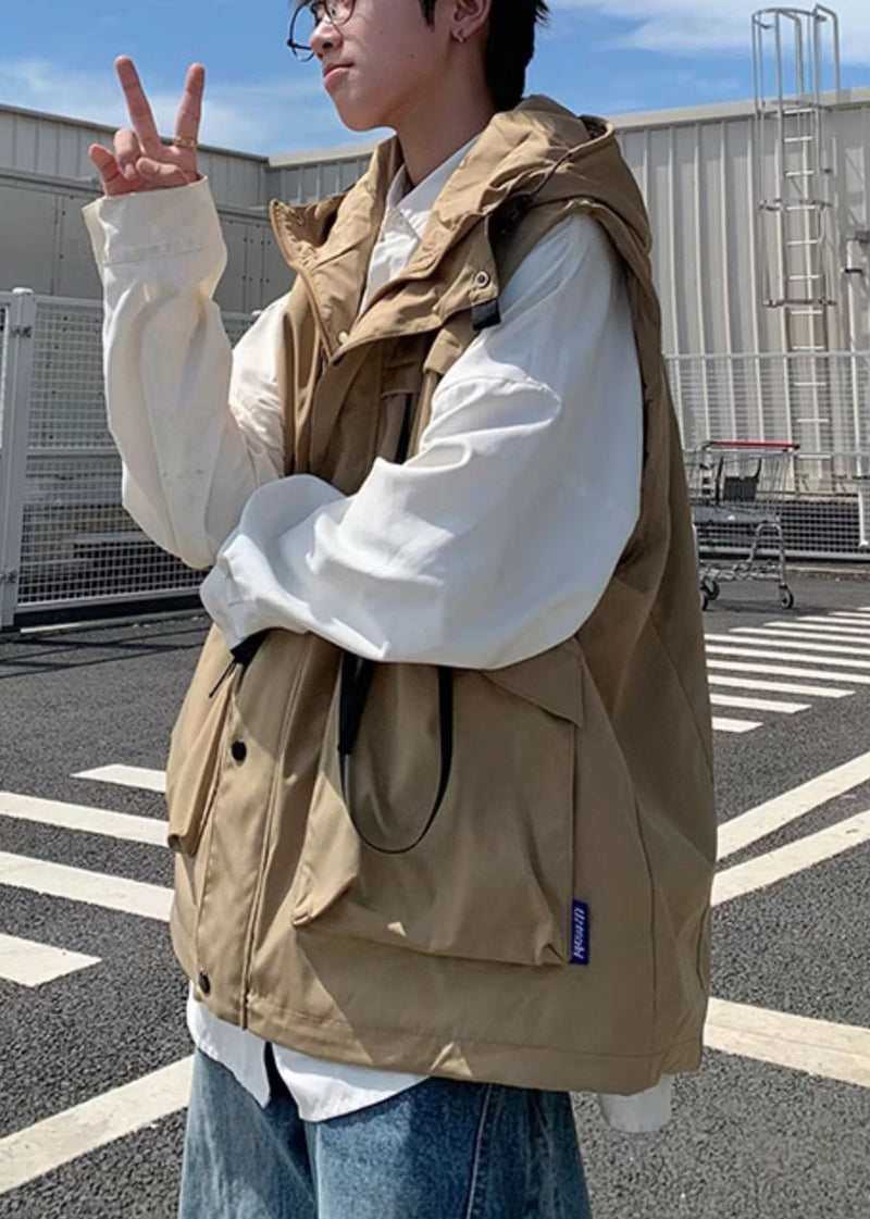 Modern Khaki Hooded Asymmetrical Design Spandex Vest Spring