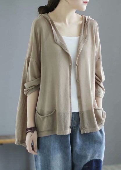 Modern Khaki Hooded Low High Design Pockets Linen Knit Upf 50+ Coat Summer