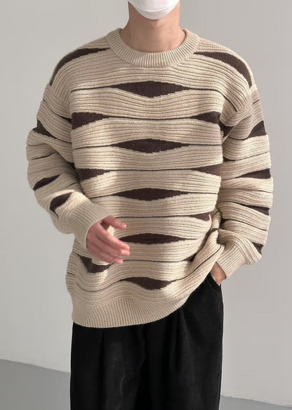 Modern Khaki O Neck Cozy Patchwork Knit Sweaters Winter