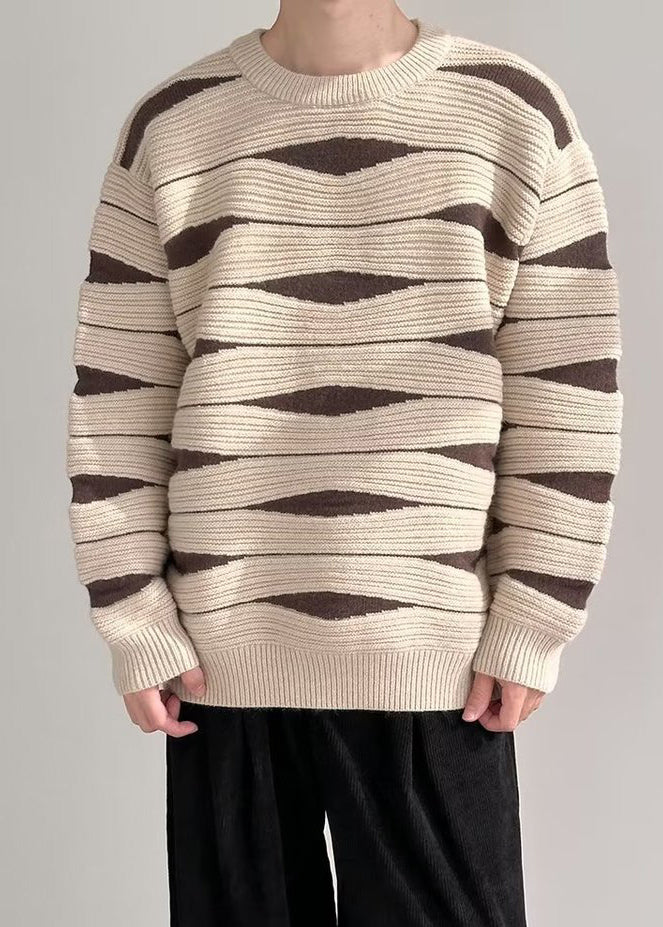 Modern Khaki O Neck Cozy Patchwork Knit Sweaters Winter