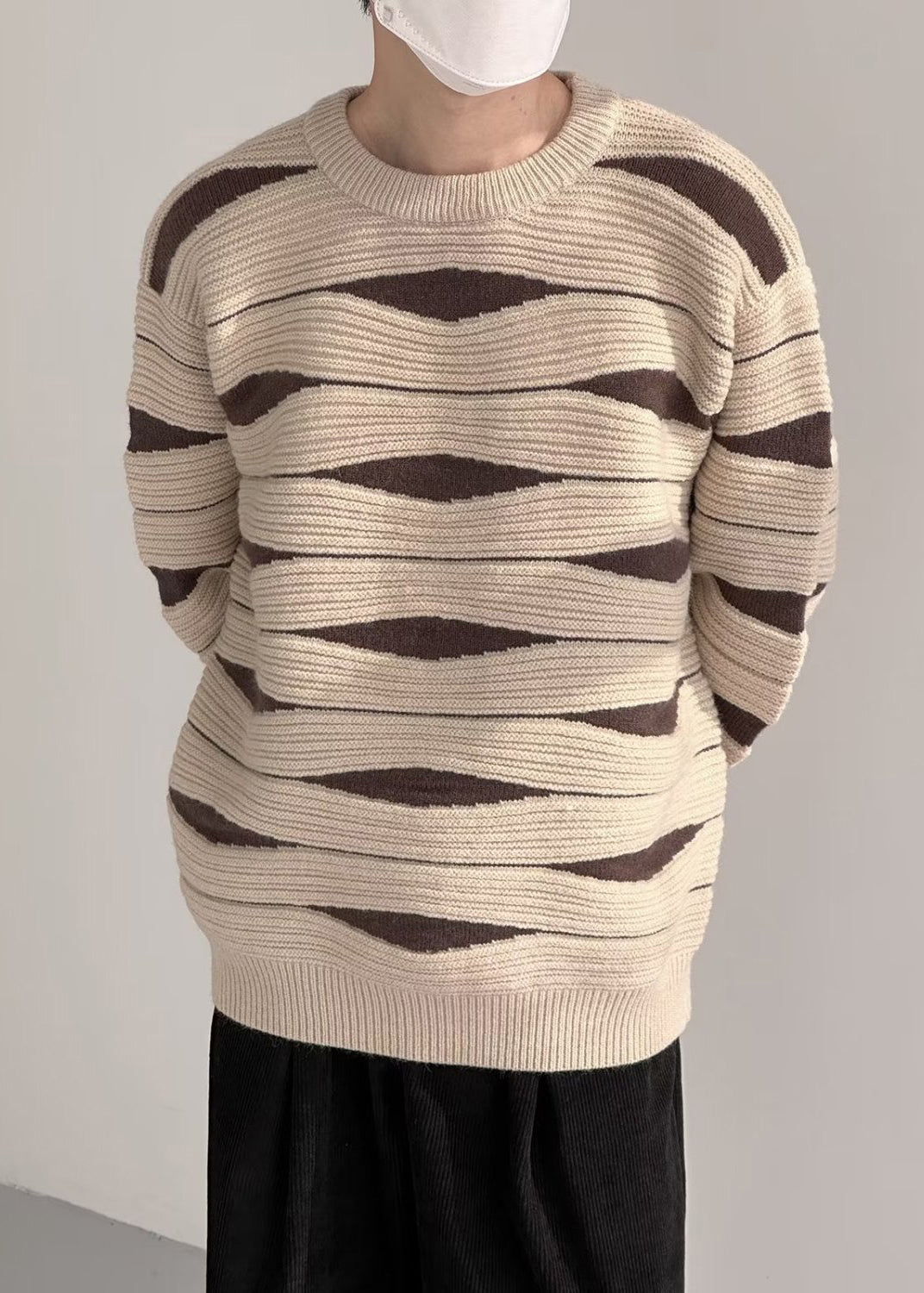 Modern Khaki O Neck Cozy Patchwork Knit Sweaters Winter
