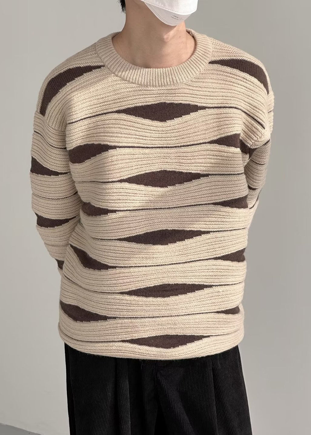 Modern Khaki O Neck Cozy Patchwork Knit Sweaters Winter