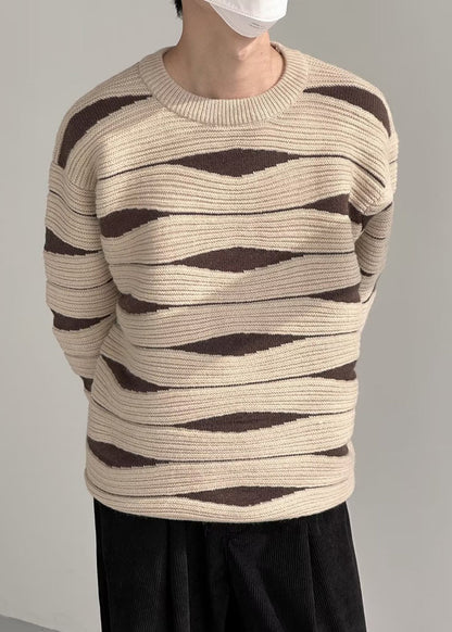 Modern Khaki O Neck Cozy Patchwork Knit Sweaters Winter