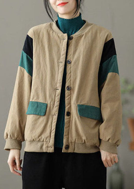 Modern Khaki O-neck Pockets Patchwork Fine Cotton Filled Jacket Spring