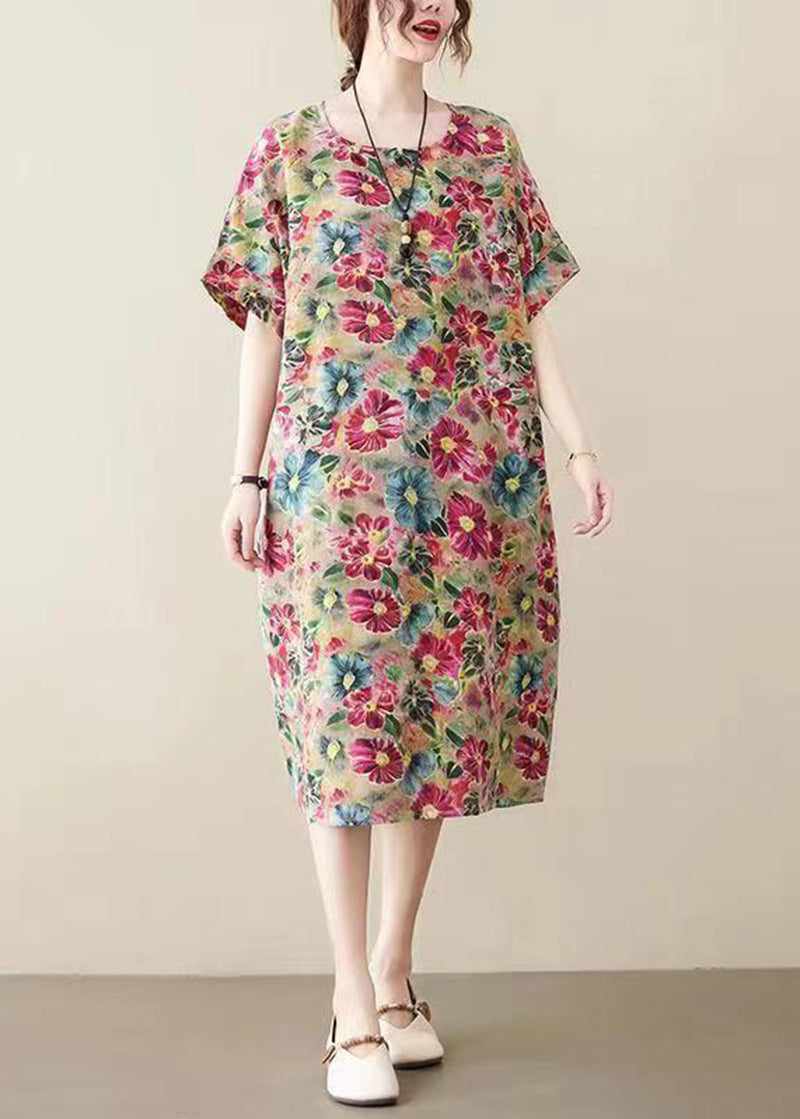 Modern Khaki O-neck Print Cotton Long Dress Summer