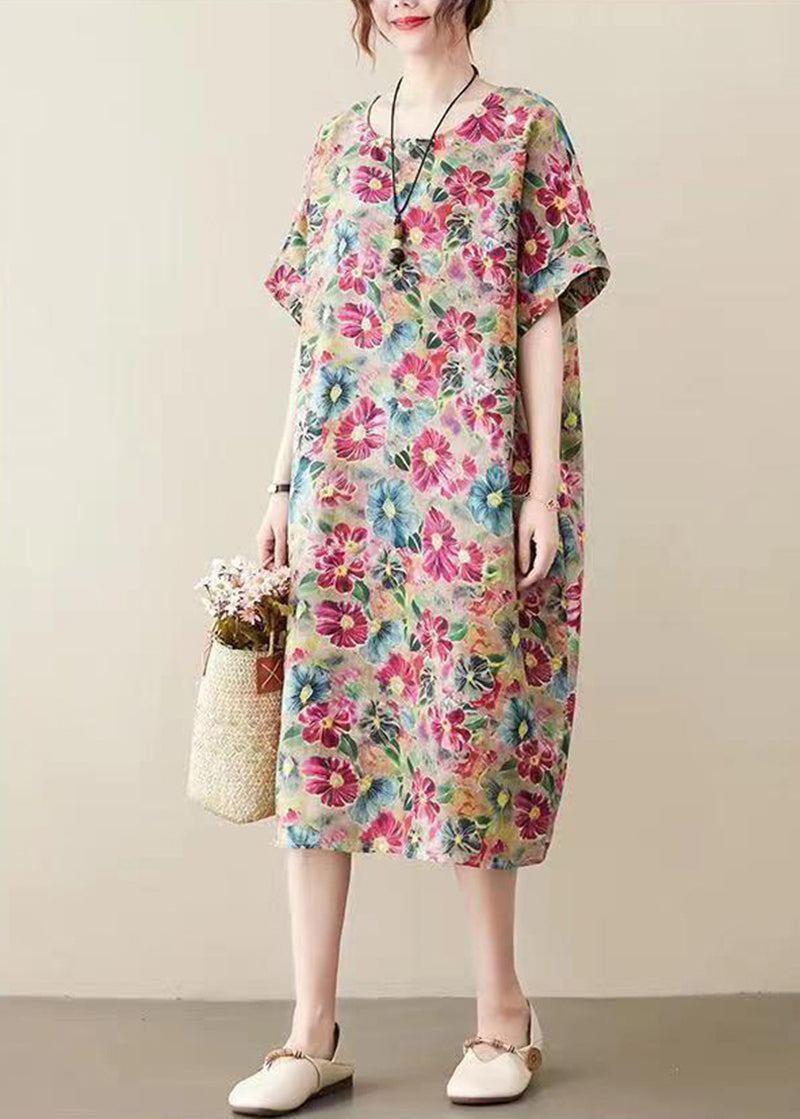 Modern Khaki O-neck Print Cotton Long Dress Summer
