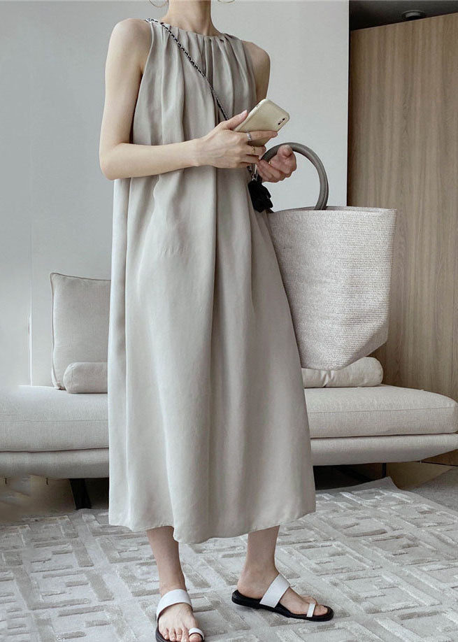 Modern Khaki O-neck Wrinkled Cotton a Line Holiday Dress Sleeveless