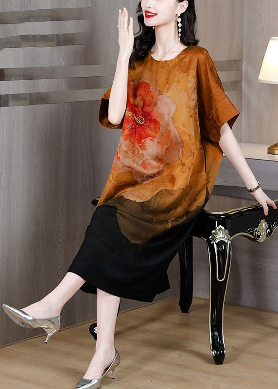 Modern Khaki Oversized Print Silk Dress Summer