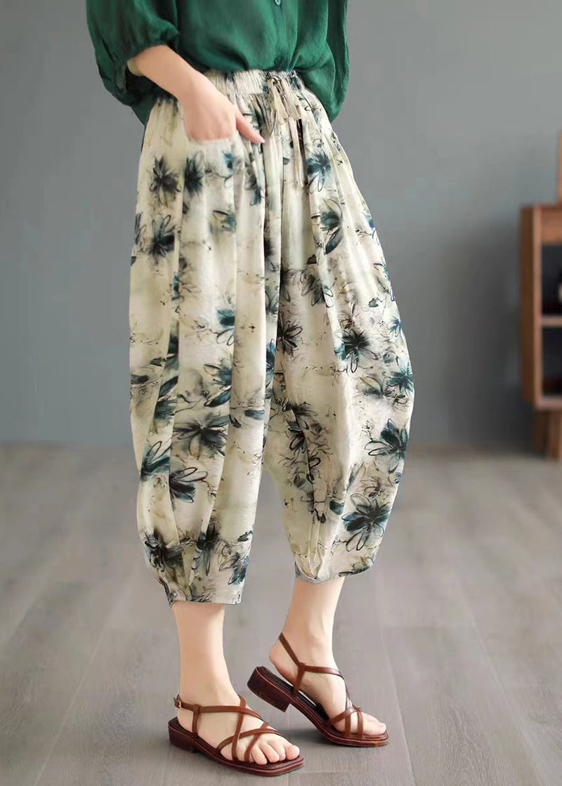 Modern Khaki Print Tie Waist Pockets Ice Silk Crop Pants