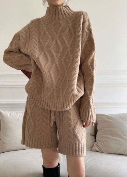 Modern Khaki Turtle Neck Cable Knit Two Pieces Set Winter
