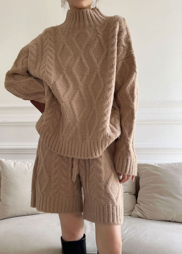 Modern Khaki Turtle Neck Cable Knit Two Pieces Set Winter