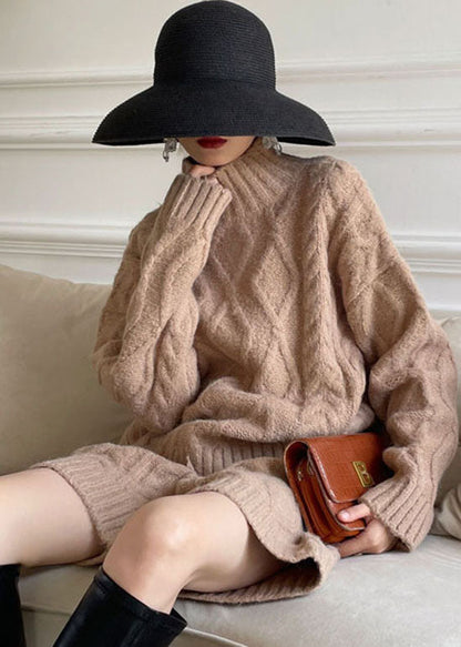 Modern Khaki Turtle Neck Cable Knit Two Pieces Set Winter