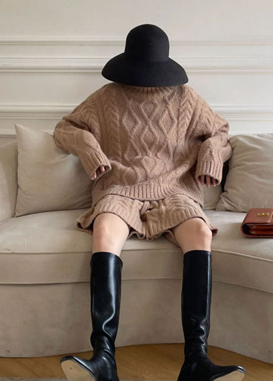 Modern Khaki Turtle Neck Cable Knit Two Pieces Set Winter