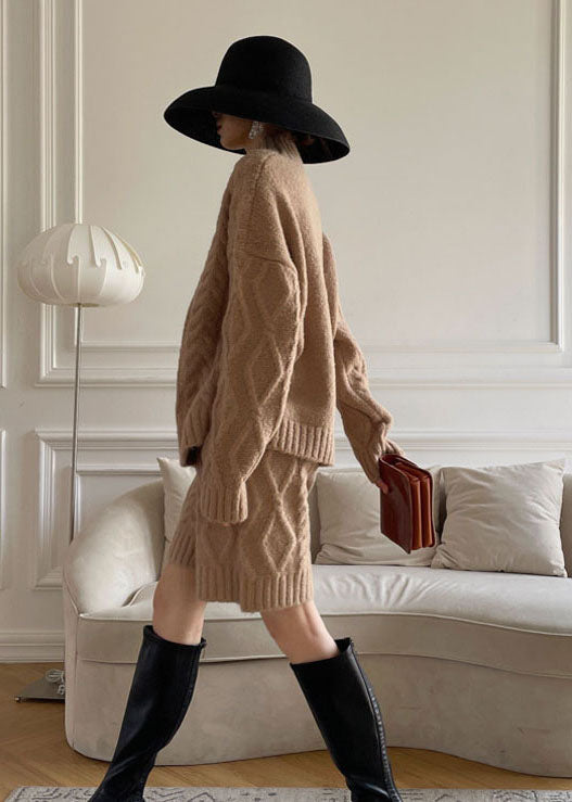Modern Khaki Turtle Neck Cable Knit Two Pieces Set Winter