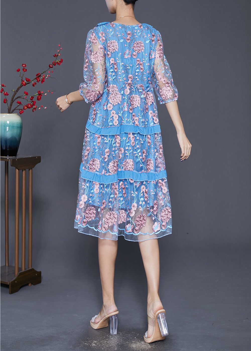 Modern Lake Blue Ruffled Patchwork Embroidered Tulle Dress Summer