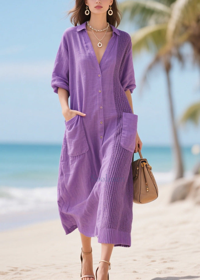 Modern Lavender Oversized Patchwork Pockets Cotton Dress Spring