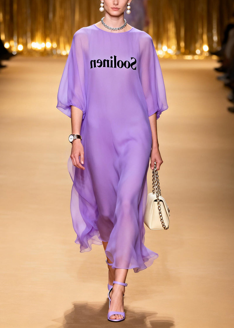 Modern Lavender Print Draping Chiffon Maxi Dresses Summer