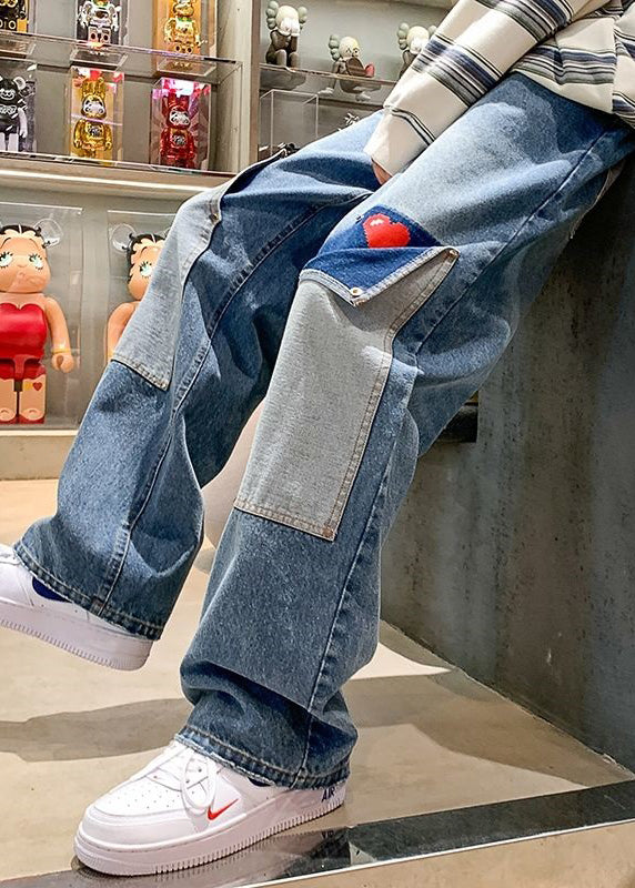 Modern Light Blue Love Patchwork Denim Pants Spring
