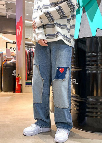 Modern Light Blue Love Patchwork Denim Pants Spring