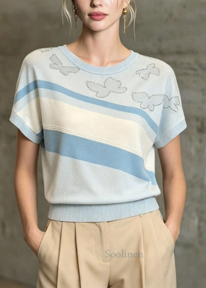 Modern Light Blue O Neck Zircon Thin Knit T Shirt Summer