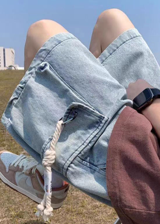 Modern Light Blue Pockets Drawstring Denim Shorts Summer