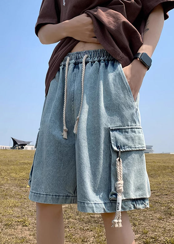 Modern Light Blue Pockets Drawstring Denim Shorts Summer