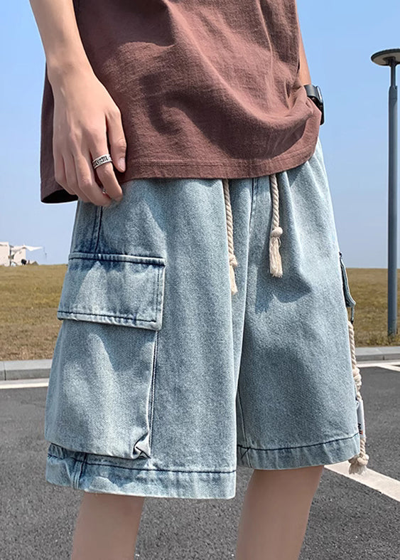 Modern Light Blue Pockets Drawstring Denim Shorts Summer