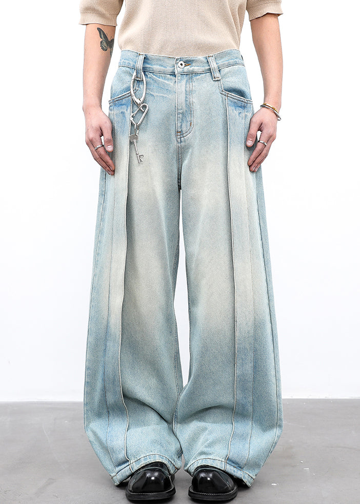Modern Light Blue Pockets High Waist Wide Leg Pants Summer