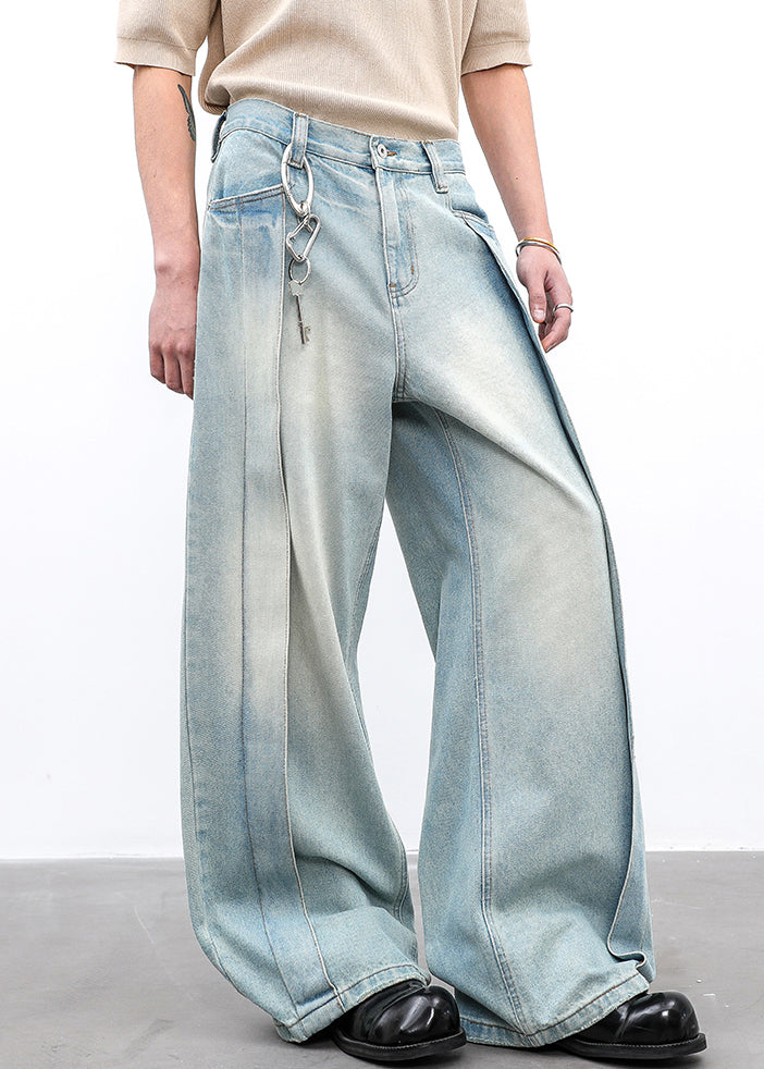 Modern Light Blue Pockets High Waist Wide Leg Pants Summer