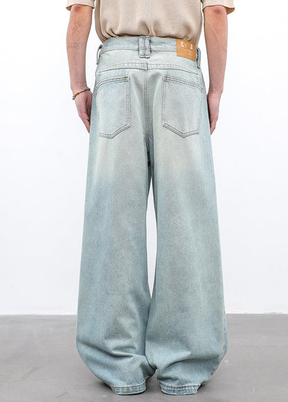 Modern Light Blue Pockets High Waist Wide Leg Pants Summer